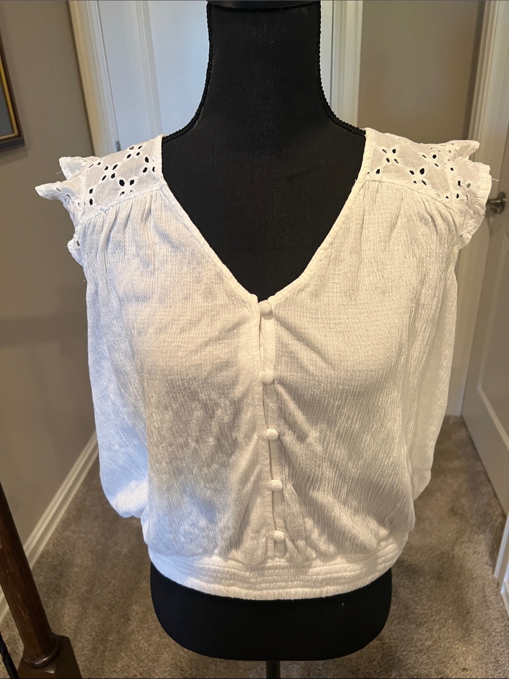 Caution To The Wind White Eyelet Flutter-Sleeve Button Front Top